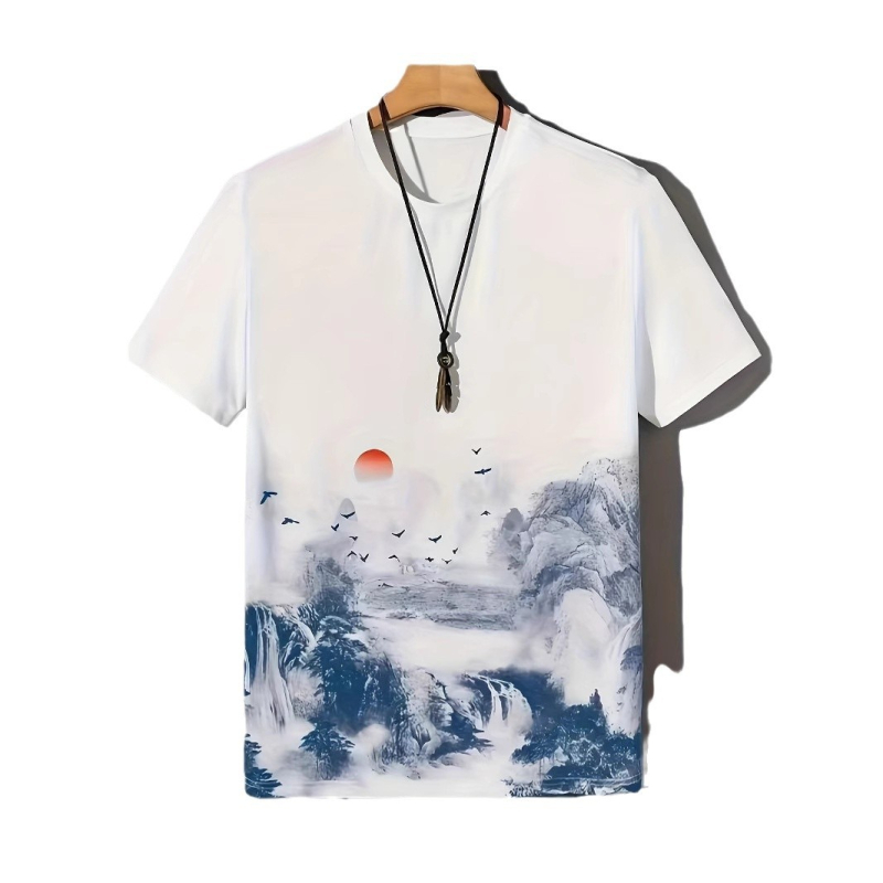 Rövid ujjú, laza tusfestményes tájképes naplementés férfi póló, országos trendi felső, divatos, lezser nyári férfi ruházat tintamintával