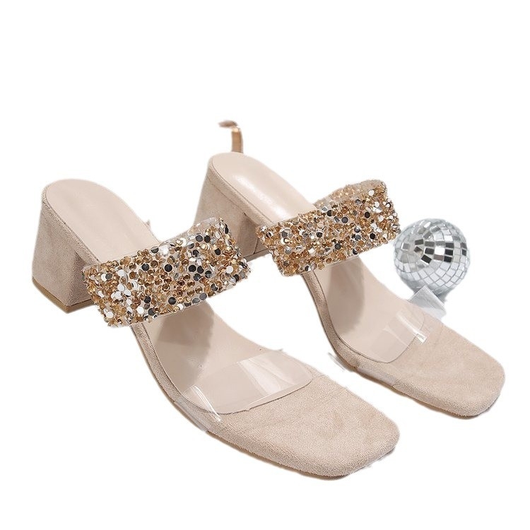 Európai és amerikai külkereskedelmi átlátszó szögletes fejű papucsok nőknek, határokon átnyúló, plus size vastag sarkú divatos papucsok nőknek, gyártók nagykereskedelem