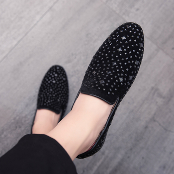 Vyriški plius dydžio „Lefu“ odiniai bateliai su cirkoniais, 2024 m. pavasario ir rudens nauji vyriški naktinio klubo stilisto bateliai su cirkoniais, pupelių imitacijos