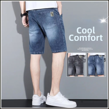 Trendi férfi középderekú ifjúsági népszerű mikroelasztikus nyári divatos szabású egyenes szabású, szaggatott farmernadrág cipzárral, mosott