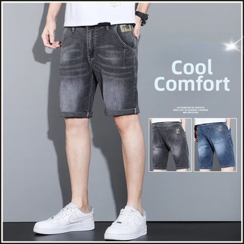 Trendi férfi középderekú ifjúsági népszerű mikroelasztikus nyári divatos szabású egyenes szabású, szaggatott farmernadrág cipzárral, mosott