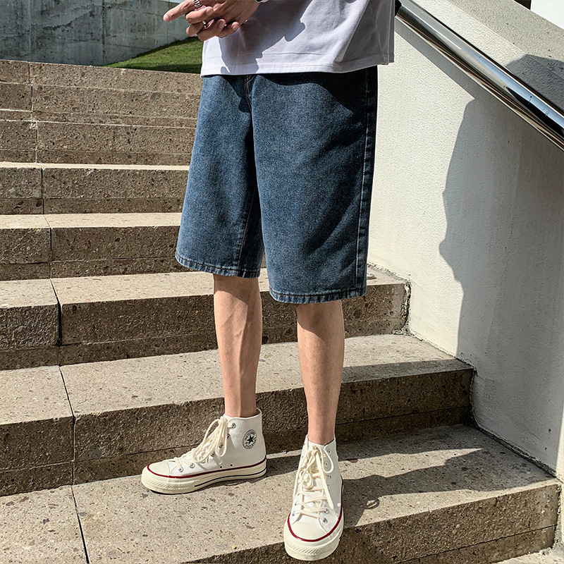 Közvetlen gyári szállítású hongkongi stílusú retró nyári vékony farmer rövidnadrág, férfi divatos, mindenre kiterjedő, bő, egyenes szabású nadrág
