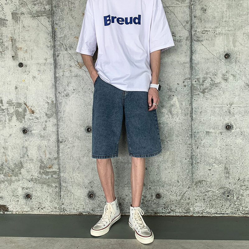 Közvetlen gyári szállítású hongkongi stílusú retró nyári vékony farmer rövidnadrág, férfi divatos, mindenre kiterjedő, bő, egyenes szabású nadrág
