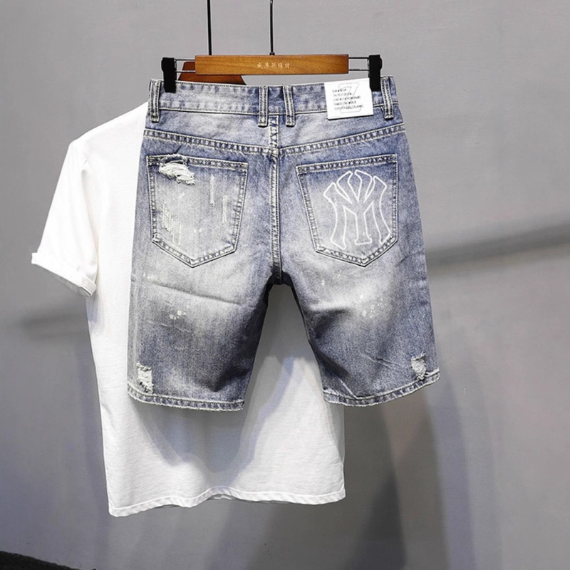 Férfi rövidnadrágok, nyári, szakadt, divatos, márkájú, internetes hírességek által tervezett, farmer rövidnadrágok, ifjúsági, ötpontos, népszerű férfi nadrágok, új, jóképű, nyomtatott mintával.