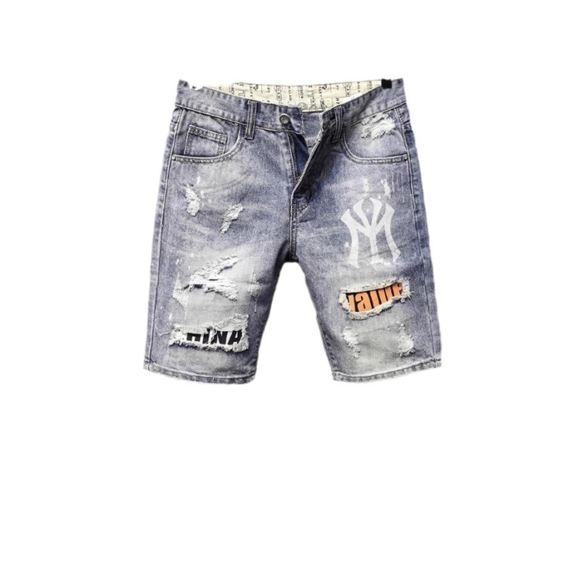 Férfi rövidnadrágok, nyári, szakadt, divatos, márkájú, internetes hírességek által tervezett, farmer rövidnadrágok, ifjúsági, ötpontos, népszerű férfi nadrágok, új, jóképű, nyomtatott mintával.