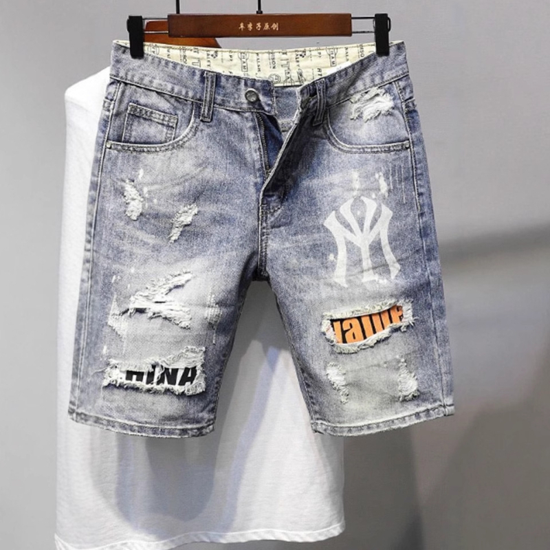 Férfi rövidnadrágok, nyári, szakadt, divatos, márkájú, internetes hírességek által tervezett, farmer rövidnadrágok, ifjúsági, ötpontos, népszerű férfi nadrágok, új, jóképű, nyomtatott mintával.