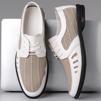 2024 tavaszi és nyári új férfi légyszövött hálós, lélegző, alkalmi bőrcipő, férfi fűzős, üreges, lélegző bőr szandál 8023