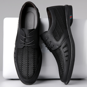 2024 tavaszi és nyári új férfi légyszövött hálós, lélegző, alkalmi bőrcipő, férfi fűzős, üreges, lélegző bőr szandál 8023