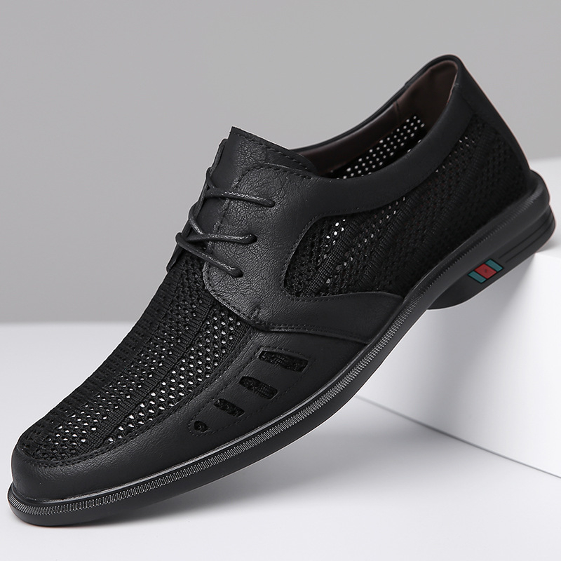 2024 tavaszi és nyári új férfi légyszövött hálós, lélegző, alkalmi bőrcipő, férfi fűzős, üreges, lélegző bőr szandál 8023