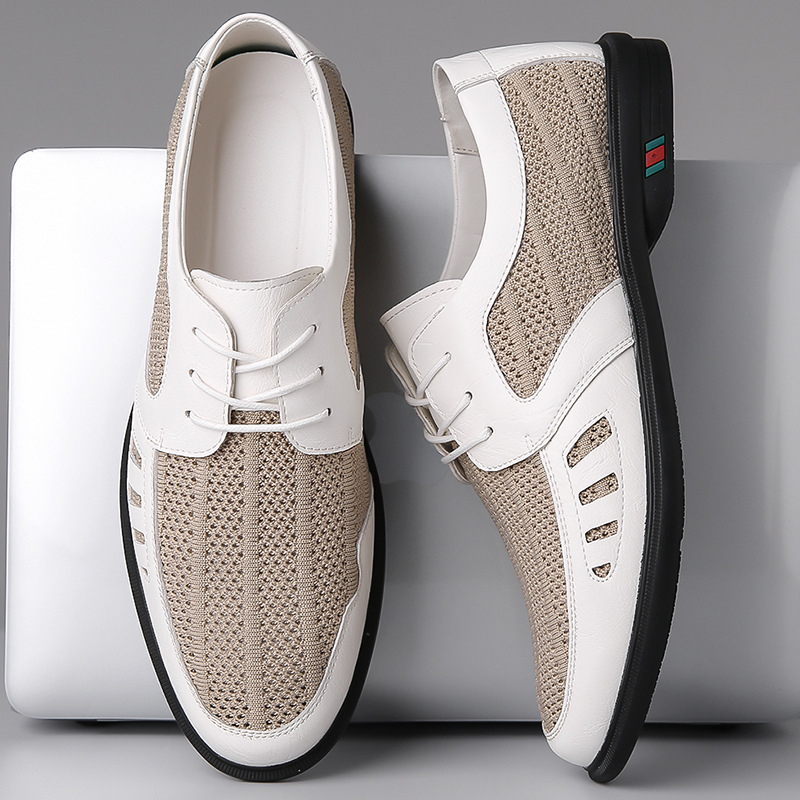 2024 tavaszi és nyári új férfi légyszövött hálós, lélegző, alkalmi bőrcipő, férfi fűzős, üreges, lélegző bőr szandál 8023