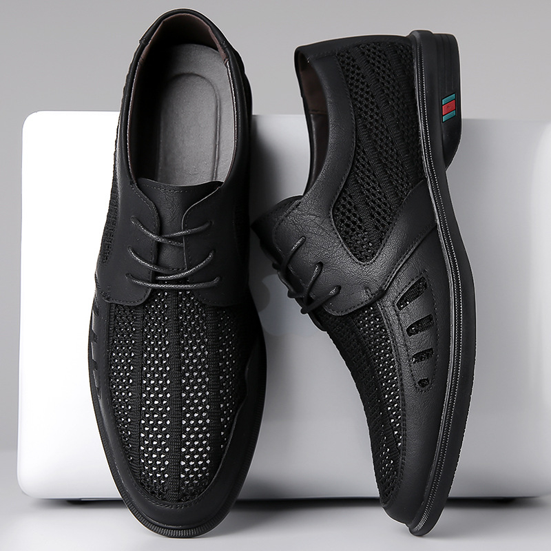 2024 tavaszi és nyári új férfi légyszövött hálós, lélegző, alkalmi bőrcipő, férfi fűzős, üreges, lélegző bőr szandál 8023