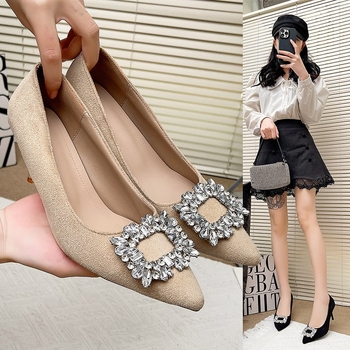 Zunbu ~ Γαλλικά ψηλοτάκουνα με μυτερά στρας γυναικεία παπούτσια για την άνοιξη και το φθινόπωρο, νέα κομψά, σέξι μαύρα επαγγελματικά μονόχρωμα παπούτσια με τακούνι στιλέτο