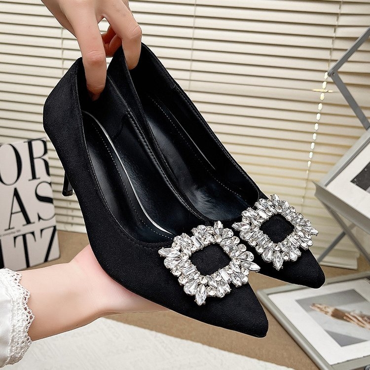 Zunbu ~ Sieviešu pavasara un rudens augstpapēžu kurpes ar franču smailiem rhinestones papēžiem, elegantas, seksīgas, melnas, profesionālas vienvietīgas kurpes
