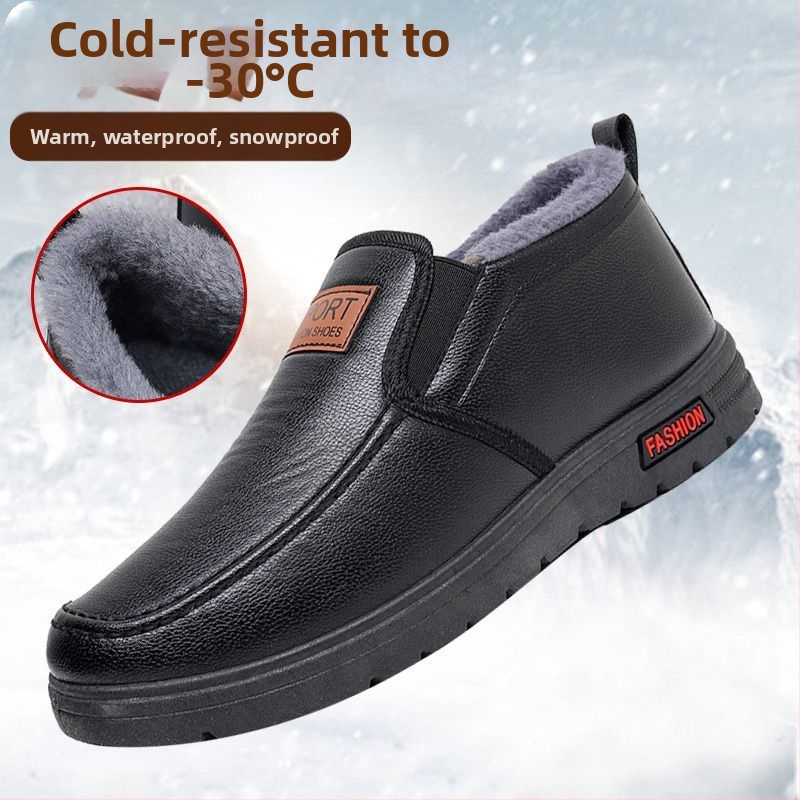 Бели зимни стари пекински платнени обувки Мъжки ежедневни кожени обувки с подплата от полар, удебелени водоустойчиви памучни обувки за старци, студоустойчиви, топлоустойчиви за татко