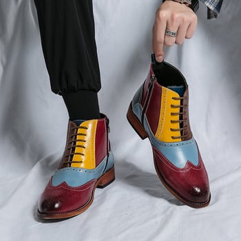 Ψηλές ανδρικές δερμάτινες μπότες Άνοιξη/Φθινόπωρο 2024, μυτερές, κοντές μπότες με σκαλιστό μπροντ, μεγάλα δερμάτινα παπούτσια με χαμηλό τακούνι, διασυνοριακά