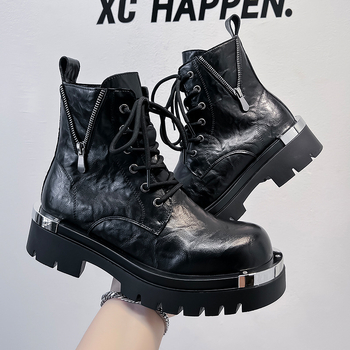 2024 m. rudens ir žiemos vyriški storapadiai motociklo batai su aukštu viršutiniu įrankiu, šoniniu užtrauktuku, madingi madingi batai 70065-A