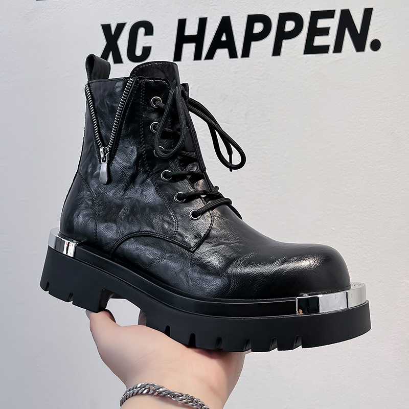 2024 m. rudens ir žiemos vyriški storapadiai motociklo batai su aukštu viršutiniu įrankiu, šoniniu užtrauktuku, madingi madingi batai 70065-A