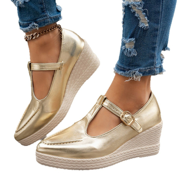 Γυναικεία παπούτσια με χρυσή σφήνα και χοντρό πάτο, ρηχά, διασυνοριακά, νέα, μοντέρνα, ανοιξιάτικα και φθινοπωρινά παπούτσια με στρογγυλό κεφάλι, άνετα, με τιράντες, για γυναίκες.
