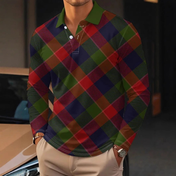 Klasisks retro ģeometriskā krāsu kontrasta kvadrātveida 3D apdrukas vīriešu pavasara un rudens brīva garās piedurknes polo krekls ar pogu apkakli