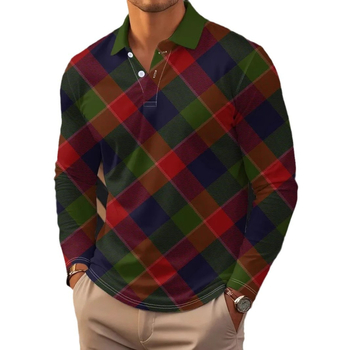 Klasisks retro ģeometriskā krāsu kontrasta kvadrātveida 3D apdrukas vīriešu pavasara un rudens brīva garās piedurknes polo krekls ar pogu apkakli