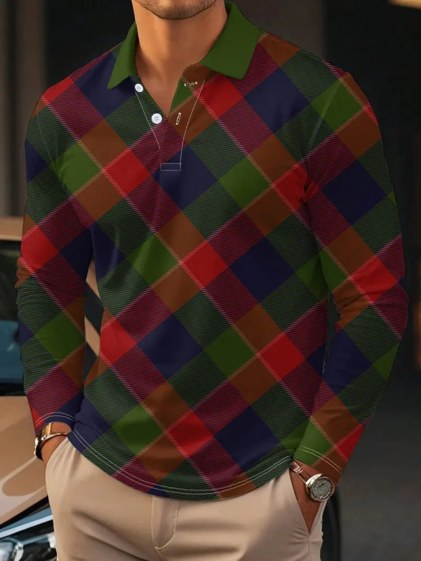 Klasisks retro ģeometriskā krāsu kontrasta kvadrātveida 3D apdrukas vīriešu pavasara un rudens brīva garās piedurknes polo krekls ar pogu apkakli