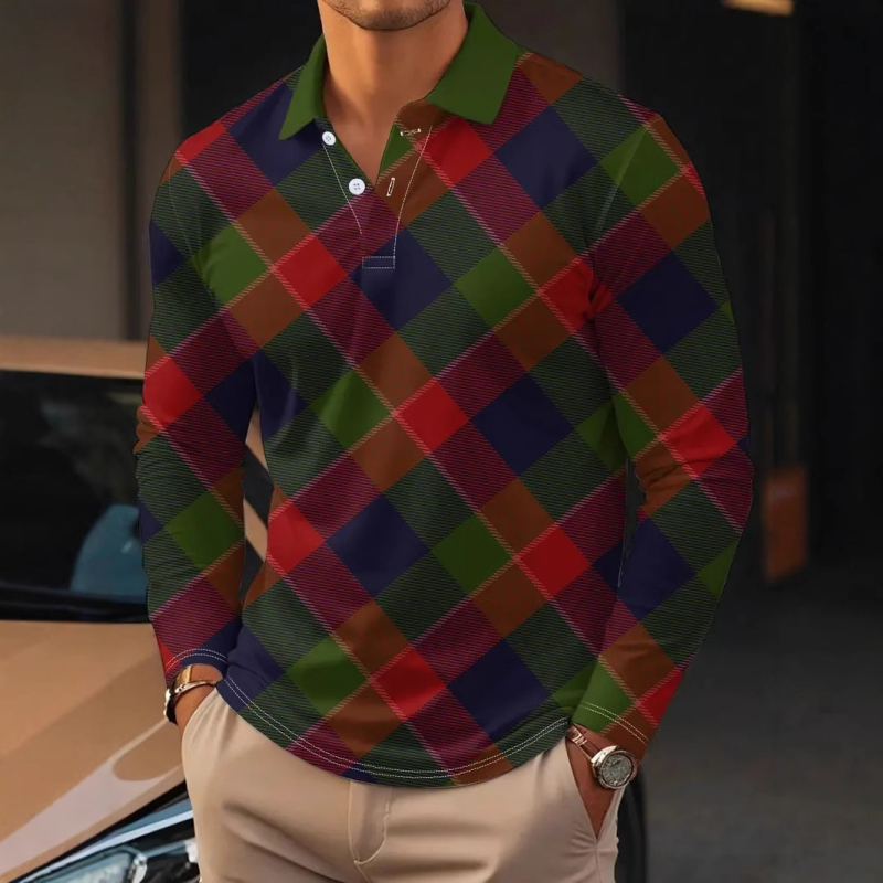 Bărbați cămașă polo cu mânecă lungă, stil retro, cu imprimeu 3D, stil clasic, stil retro, stil geometric, contrast, pătrat, stil 3D, primăvară și toamnă