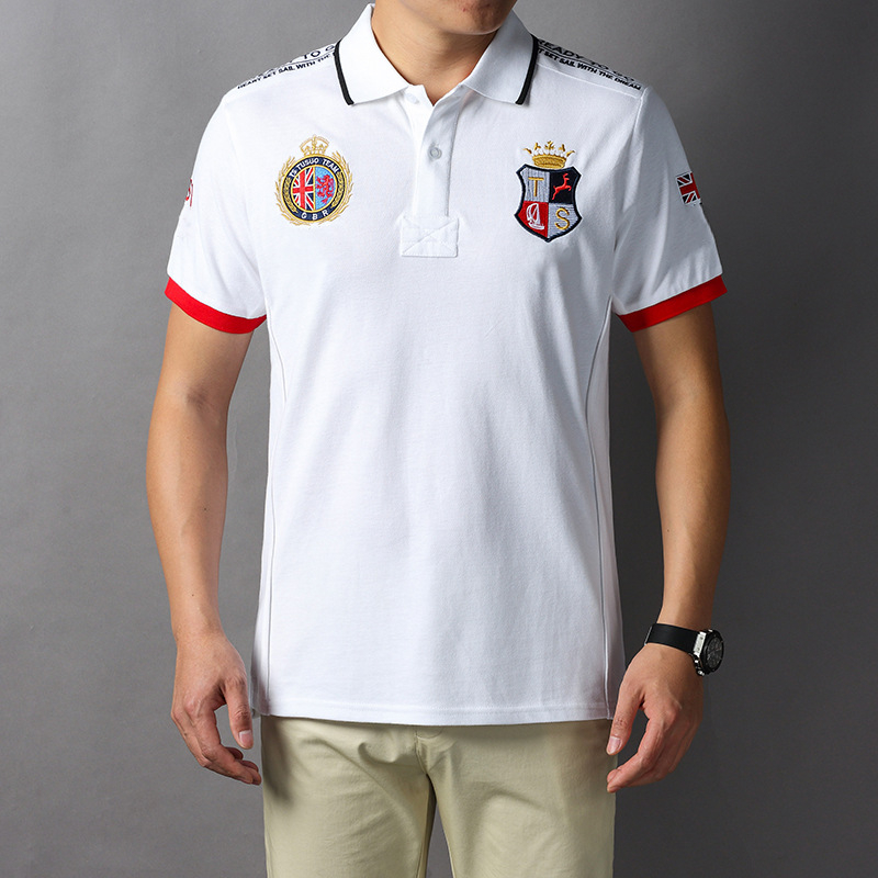 Tricou polo cu mânecă scurtă pentru bărbați, alb, sport britanic, agrement britanic, comerț transfrontalier, mărime mare, broderie albă