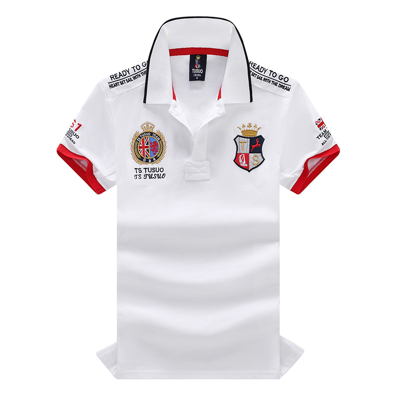 Vyriški trumparankoviai polo marškinėliai, balti, britiški, sportiniai, laisvalaikio, tarpvalstybinės prekybos, plius dydžio, balti, siuvinėti.