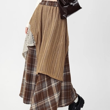 Wasteland stílusú kockás gyapjú szoknya női őszi-téli magas derekú karcsúsító szoknya szabálytalan szoknya nagy lenge szoknya