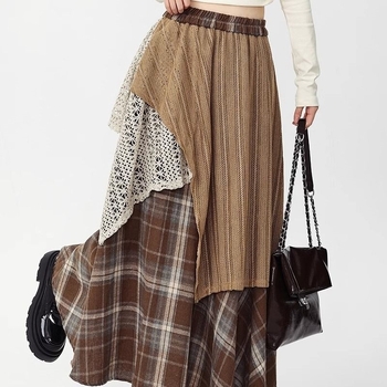 Wasteland stílusú kockás gyapjú szoknya női őszi-téli magas derekú karcsúsító szoknya szabálytalan szoknya nagy lenge szoknya