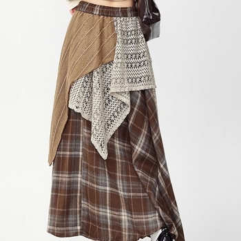Wasteland stílusú kockás gyapjú szoknya női őszi-téli magas derekú karcsúsító szoknya szabálytalan szoknya nagy lenge szoknya