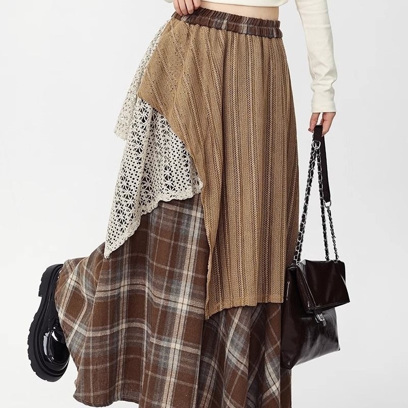 Wasteland stílusú kockás gyapjú szoknya női őszi-téli magas derekú karcsúsító szoknya szabálytalan szoknya nagy lenge szoknya
