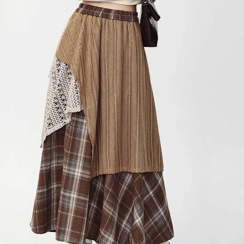 Wasteland stílusú kockás gyapjú szoknya női őszi-téli magas derekú karcsúsító szoknya szabálytalan szoknya nagy lenge szoknya
