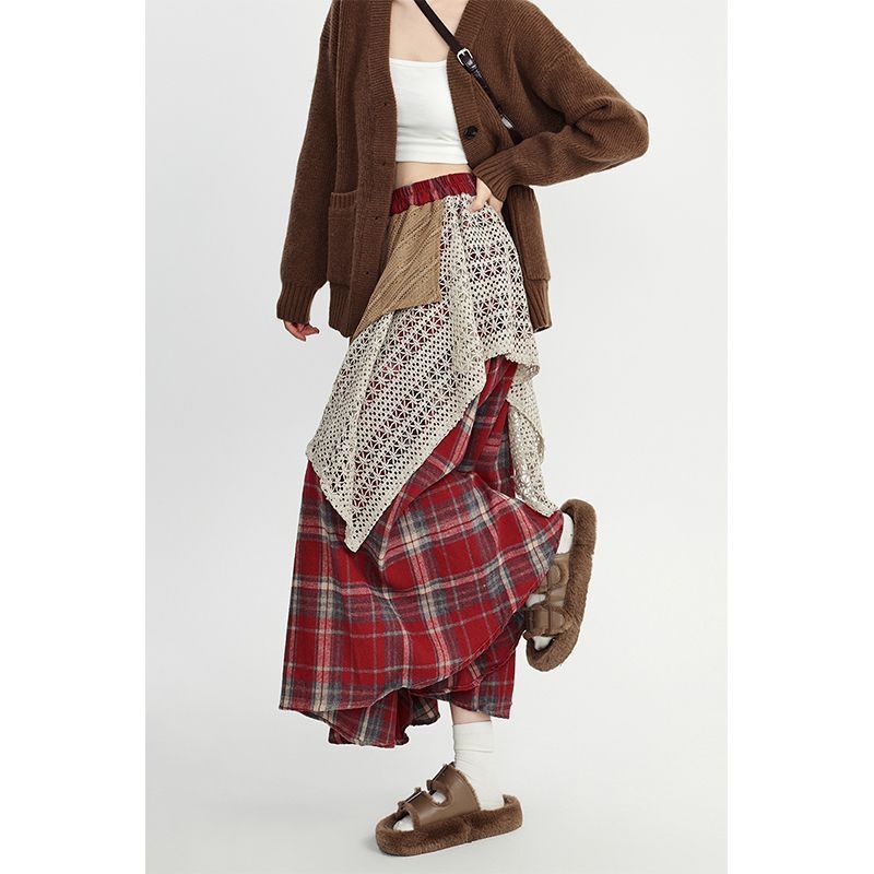 Wasteland stílusú kockás gyapjú szoknya női őszi-téli magas derekú karcsúsító szoknya szabálytalan szoknya nagy lenge szoknya