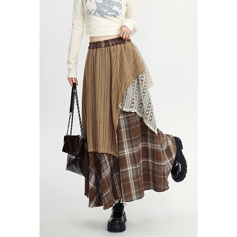 Wasteland stílusú kockás gyapjú szoknya női őszi-téli magas derekú karcsúsító szoknya szabálytalan szoknya nagy lenge szoknya