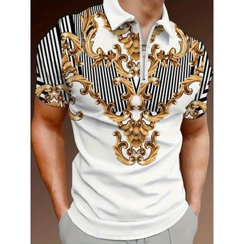 Vīriešu brīva stila polo krekls ar īsām piedurknēm un platu apmali, atšķirīgs, moderns metāla raksts, 3D digitālā druka