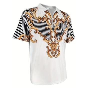 Vīriešu brīva stila polo krekls ar īsām piedurknēm un platu apmali, atšķirīgs, moderns metāla raksts, 3D digitālā druka