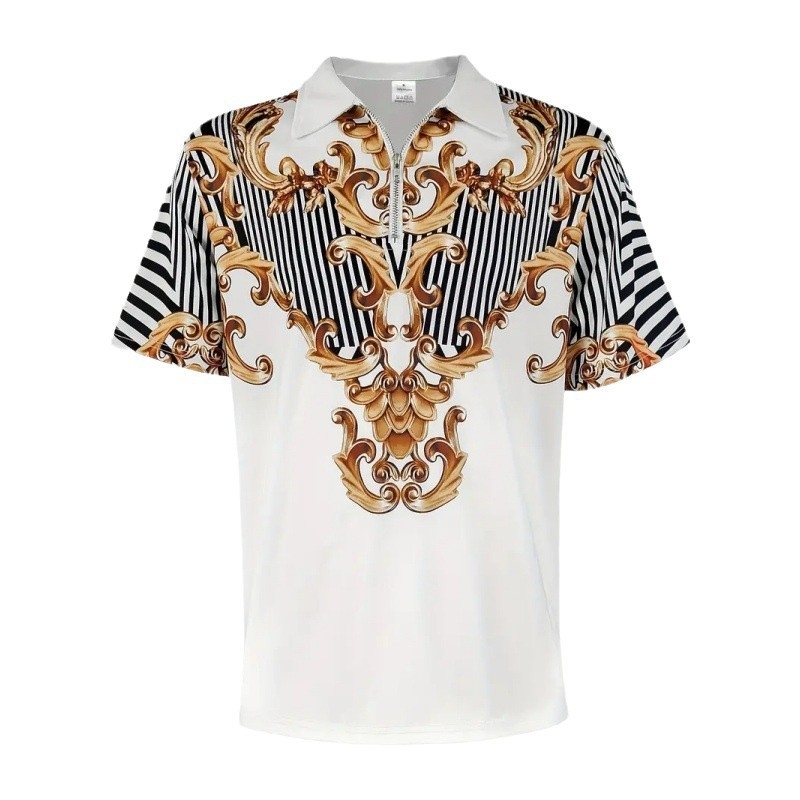 Vīriešu brīva stila polo krekls ar īsām piedurknēm un platu apmali, atšķirīgs, moderns metāla raksts, 3D digitālā druka