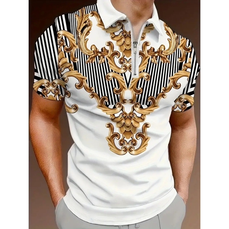 Vīriešu brīva stila polo krekls ar īsām piedurknēm un platu apmali, atšķirīgs, moderns metāla raksts, 3D digitālā druka