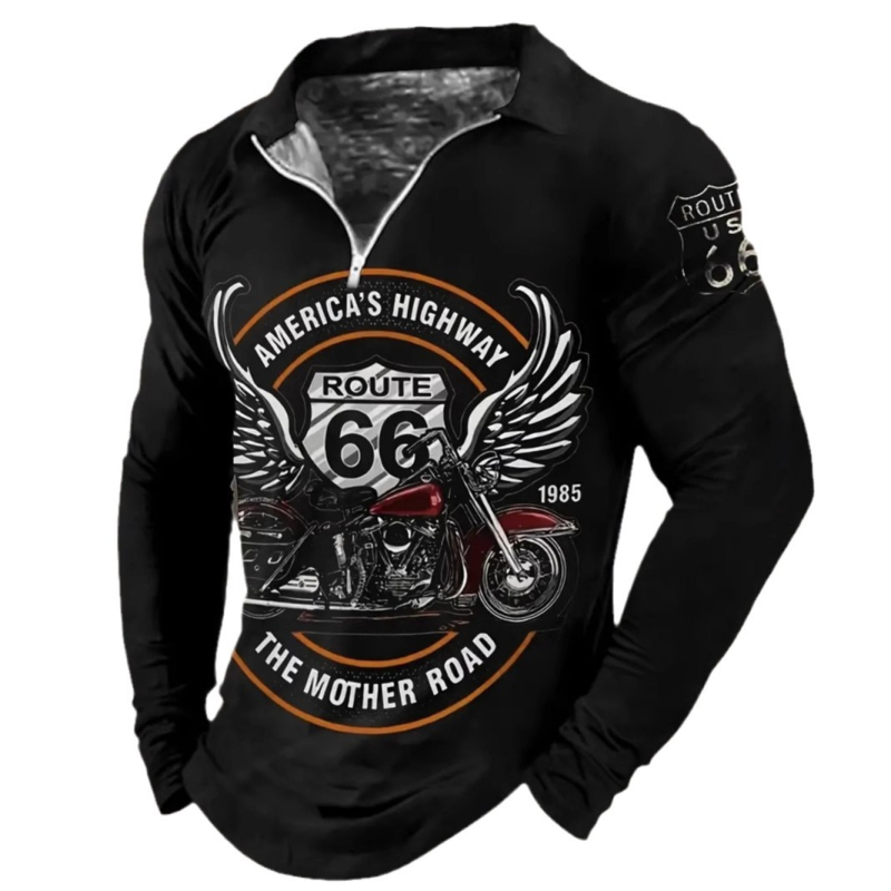 2024 m. karšto išpardavimo „High Street 66“ motociklo 3D spausdinti vyriški laisvalaikio stiliaus laisvi, kvėpuojantys ilgomis rankovėmis, užtrauktuku užsegami polo marškinėliai