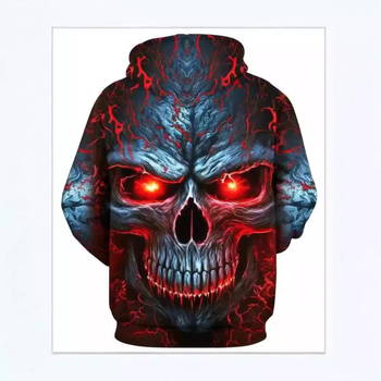 Пуловер с качулка с качулка и 3D принт на черепа, тема „трансграничен“