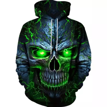 Пуловер с качулка с качулка и 3D принт на черепа, тема „трансграничен“