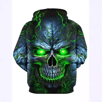 Пуловер с качулка с качулка и 3D принт на черепа, тема „трансграничен“