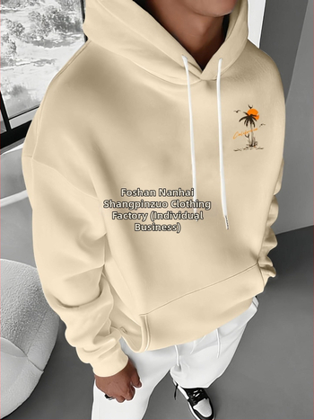 Férfi trópusi naplemente mintás, polár bélésű kapucnis pulóver - Lezser, Laza