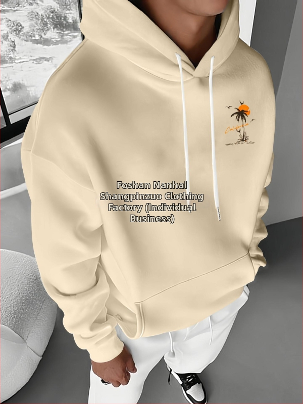 Férfi trópusi naplemente mintás, polár bélésű kapucnis pulóver - Lezser, Laza