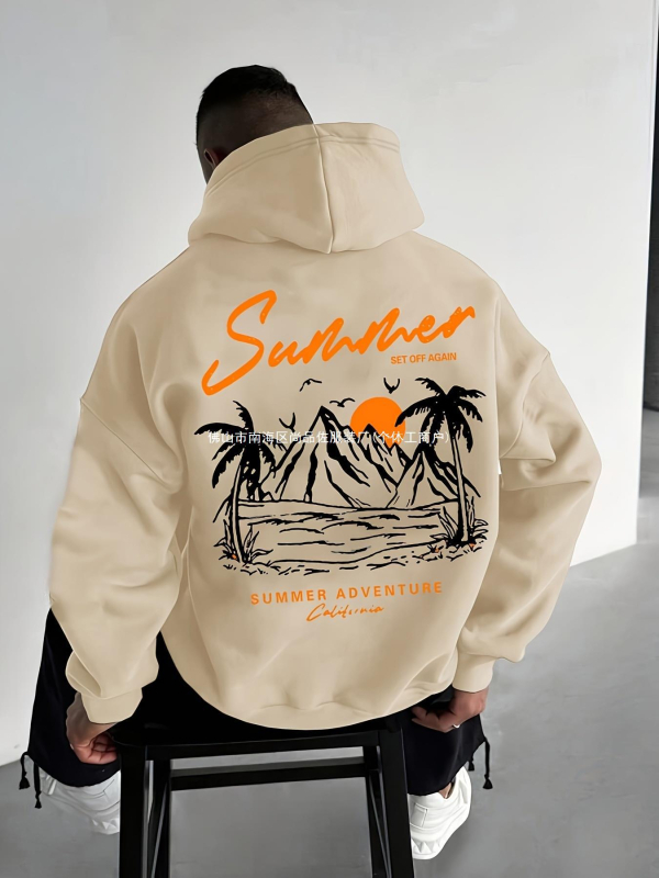 Férfi trópusi naplemente mintás, polár bélésű kapucnis pulóver - Lezser, Laza