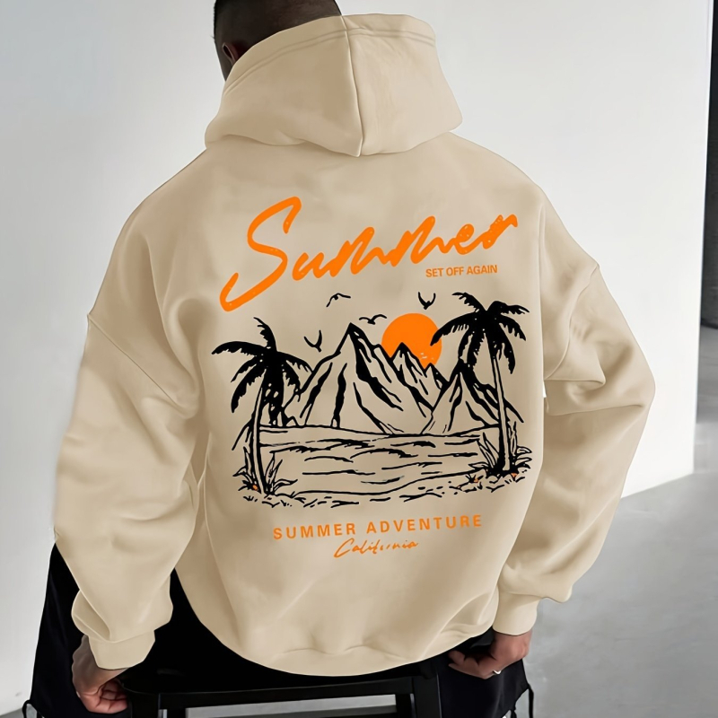 Férfi trópusi naplemente mintás, polár bélésű kapucnis pulóver - Lezser, Laza