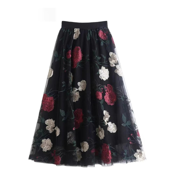 Új Retro Magas Derekú Karcsú Hímzett Nagy Virágos Divat Édes Hálós Közepes Hosszúságú Tündérszoknya