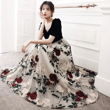 Új Retro Magas Derekú Karcsú Hímzett Nagy Virágos Divat Édes Hálós Közepes Hosszúságú Tündérszoknya