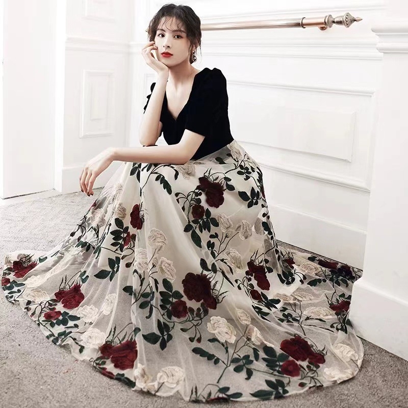 Új Retro Magas Derekú Karcsú Hímzett Nagy Virágos Divat Édes Hálós Közepes Hosszúságú Tündérszoknya